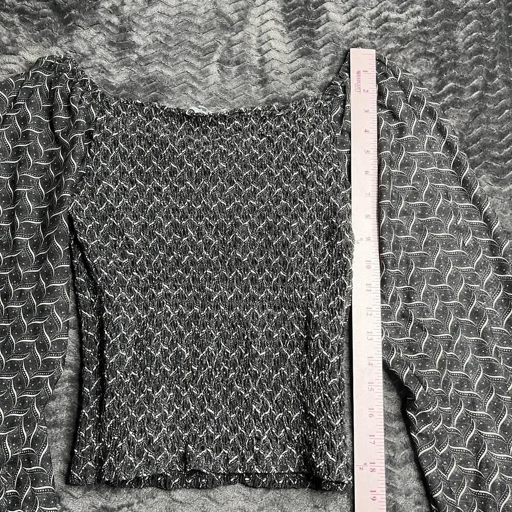 Anthropologie Rouen Top Gray Black Smocked Sheer Long Sleeve Blouse Size M